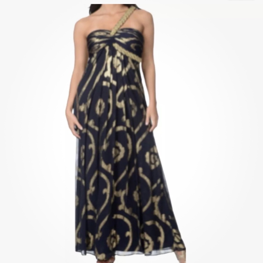 Betsy & Adam Navy Blue Gold One Shoulder Dress Gown Size 6